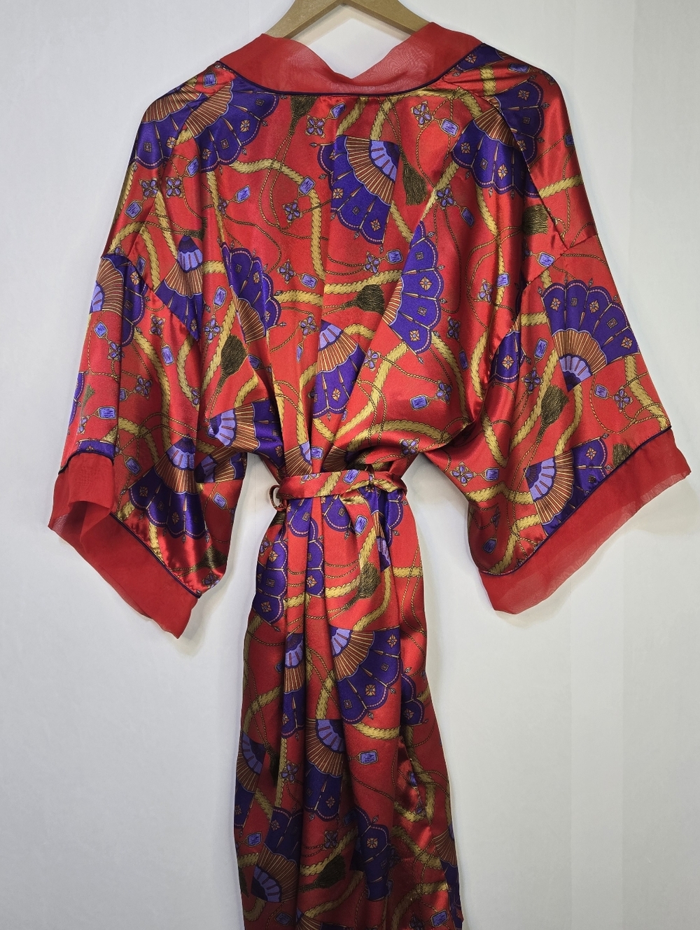 Cacique Size M Red S/Sl Belted, Silky Kimono/Robe with Purple & Gold Fan Print - Picture 6 of 7